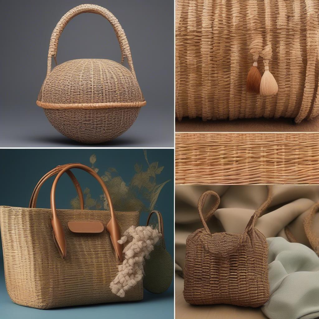 Various materials for woven shoulder bags including rattan, wicker and seaweed