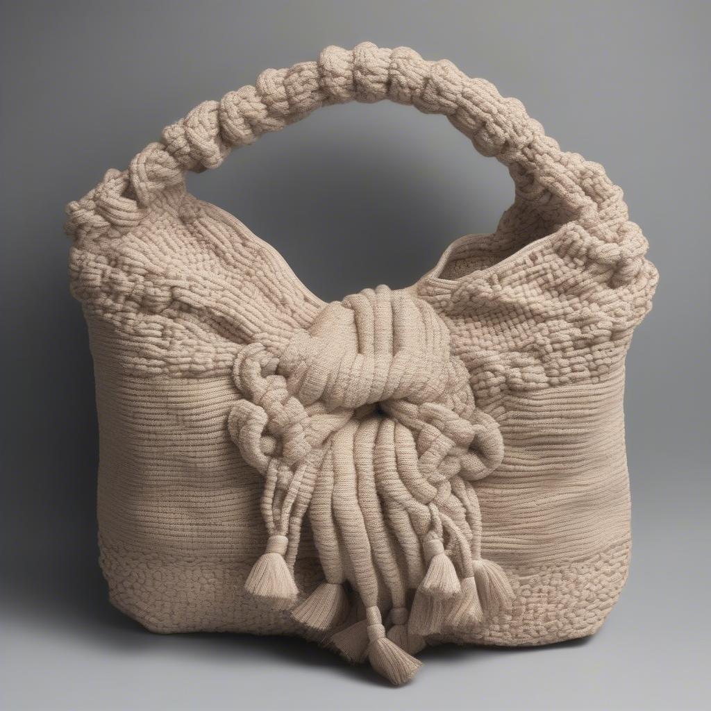 Different styles of woven shoulder bags with varying knot details, shapes, and sizes