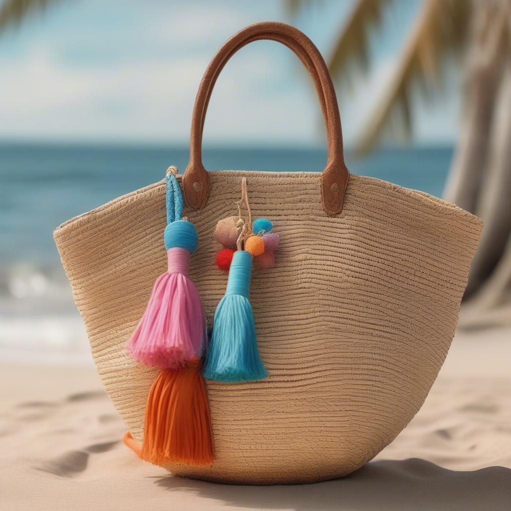 Woven straw bag on a sunny beach