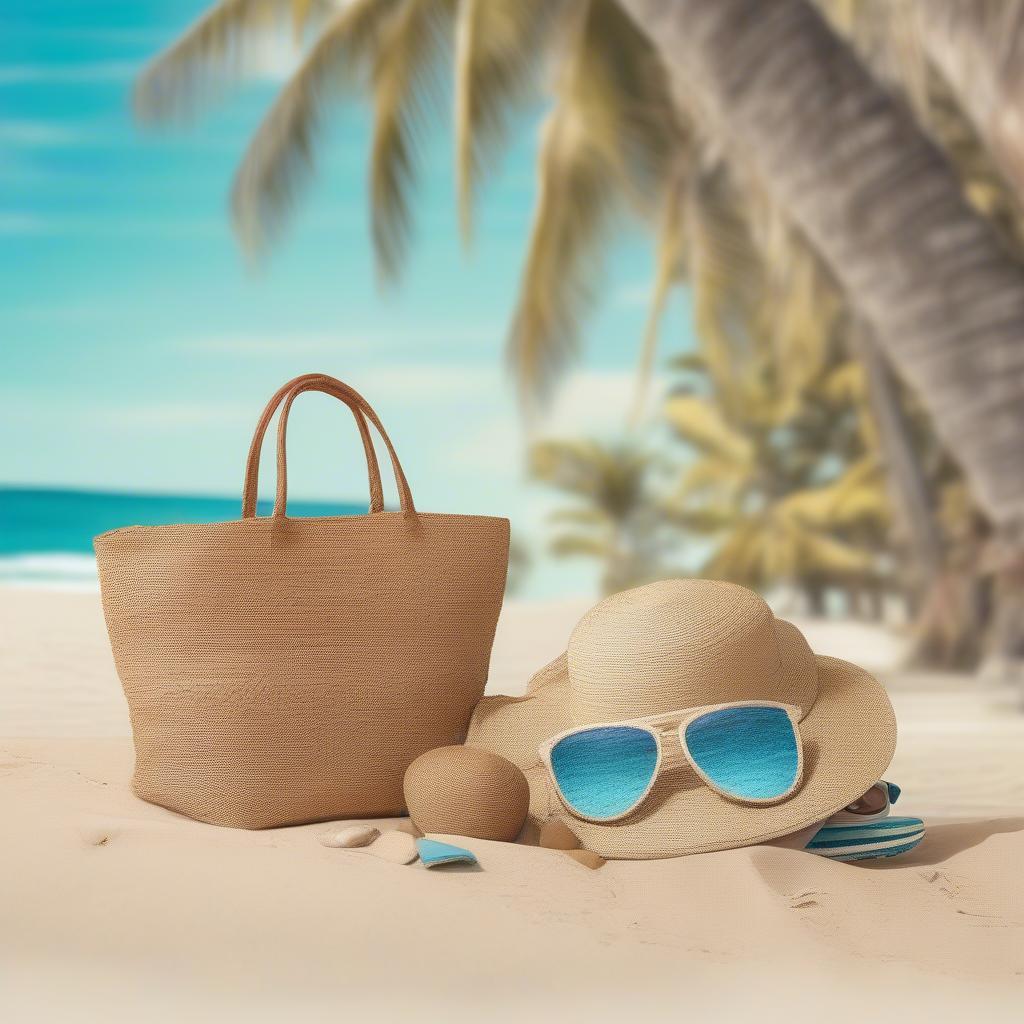 Woven straw beach bag tote sitting on a sandy beach with the ocean in the background.