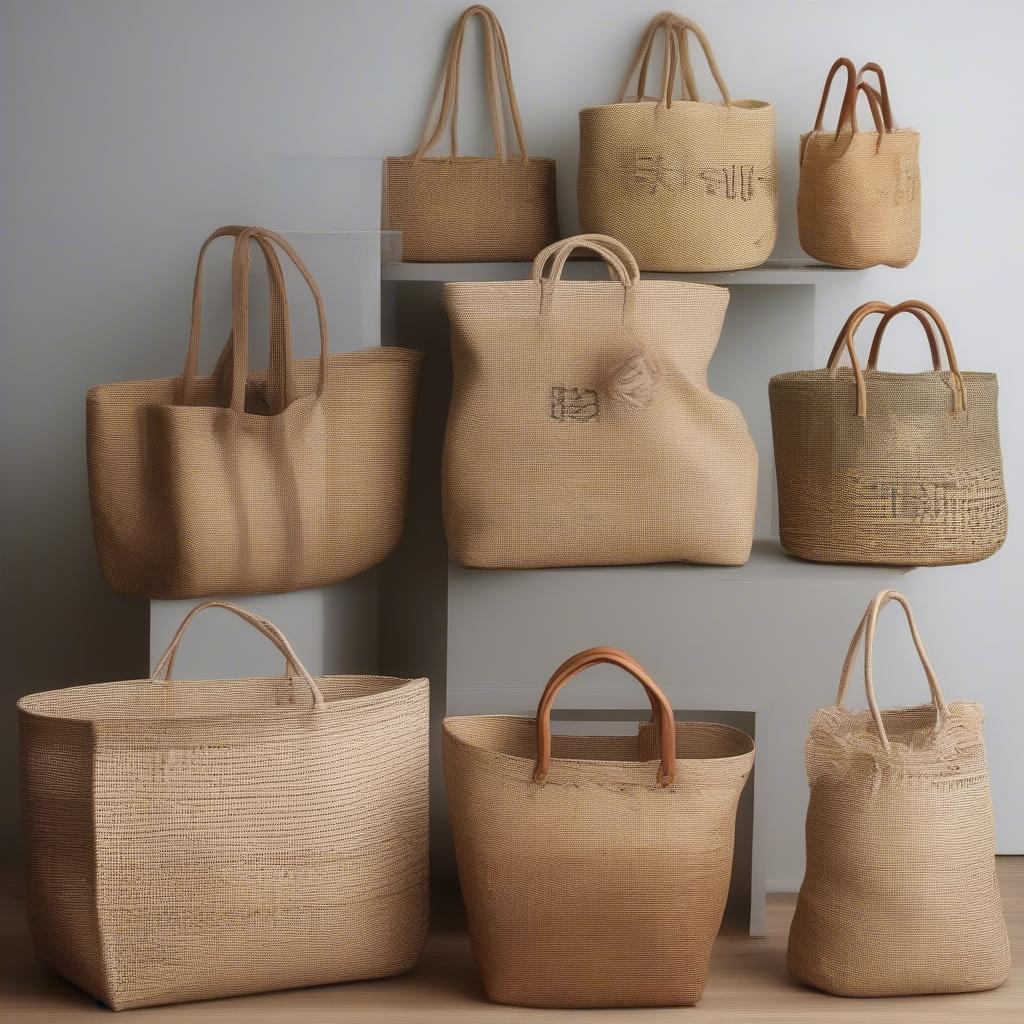 Various Woven Supermarket Bags: Showcasing different styles, sizes, and materials of woven supermarket bags, including wicker, rattan, and other natural fibers.