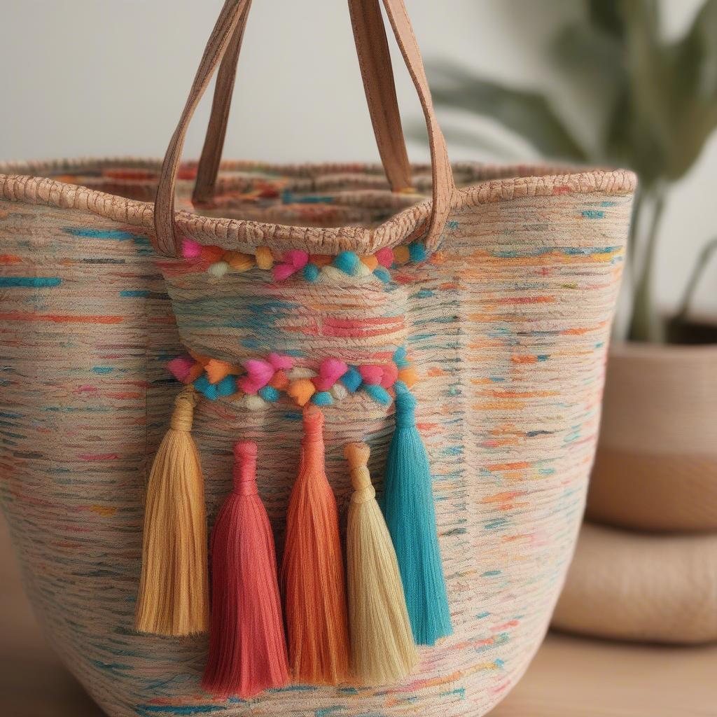 Close-up of a woven tassel tote bag showcasing intricate weaving patterns and colorful tassels