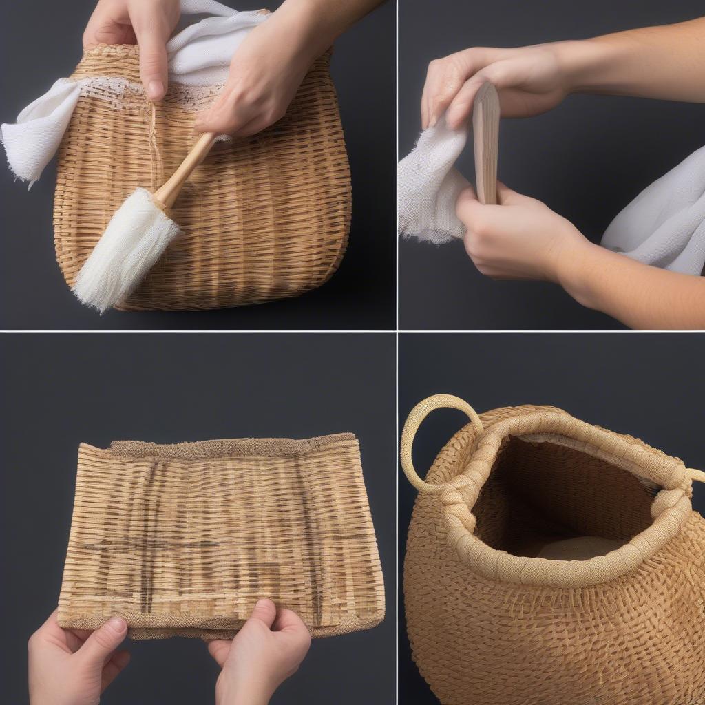 Cleaning and care tips for a woven wicker bag, demonstrating proper dusting and wiping techniques.