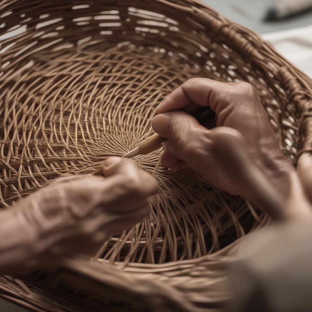 Close-up of artisan's hands weaving a wicker basket