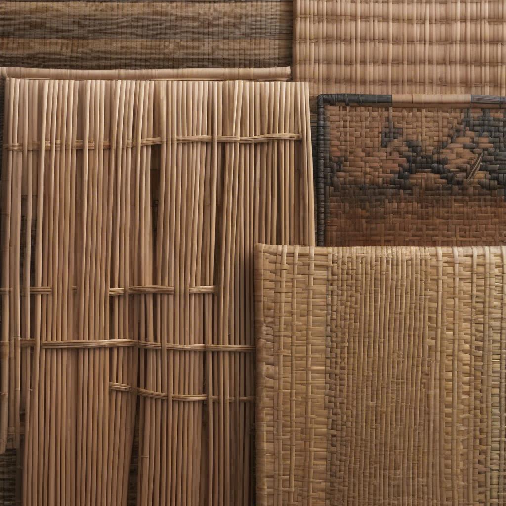 Close-up view of woven wicker mats showcasing the intricate weaving patterns and natural textures.