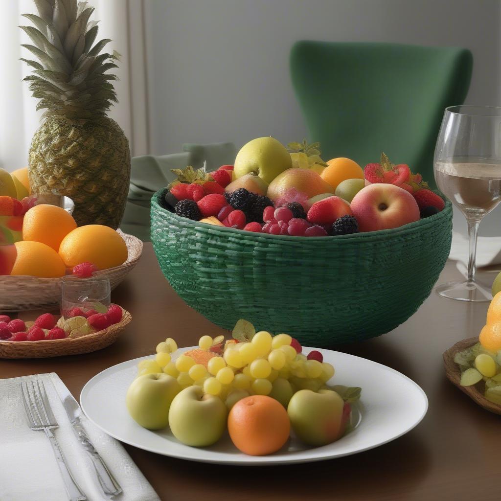 The WS George Green basket weave serving bowl in a stylish table setting, showcasing its versatility and aesthetic appeal in a real-life context.