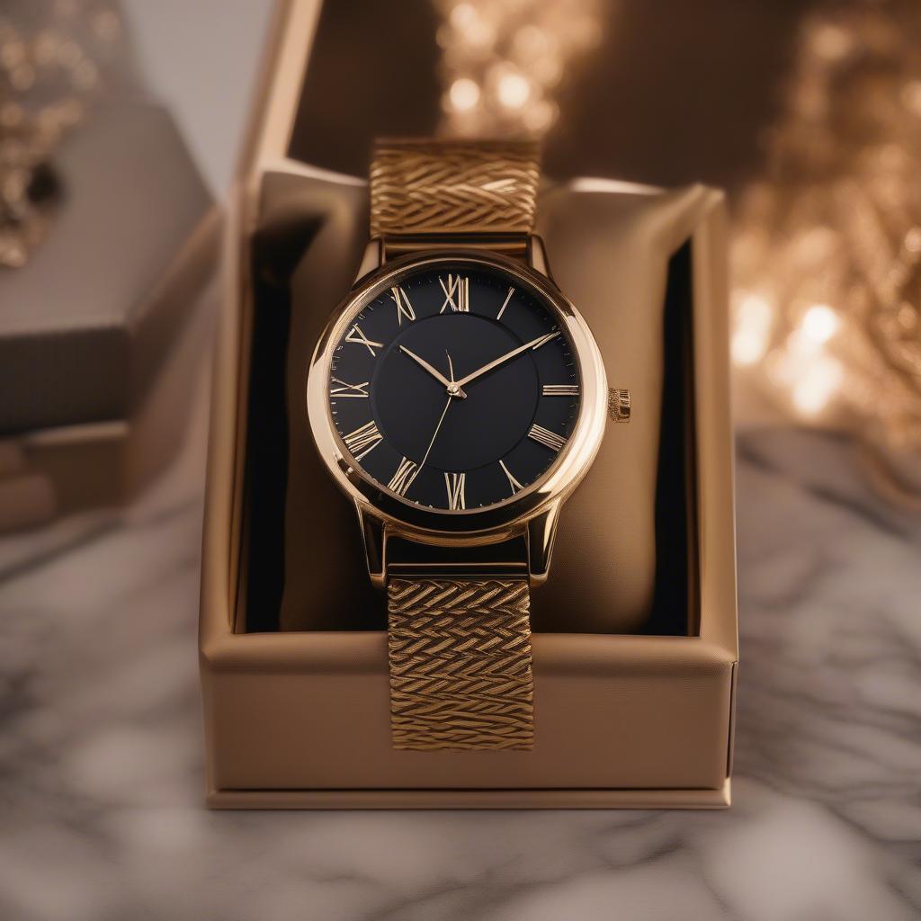 Xavier Gold Tone Basket Weave Watch in Gift Box