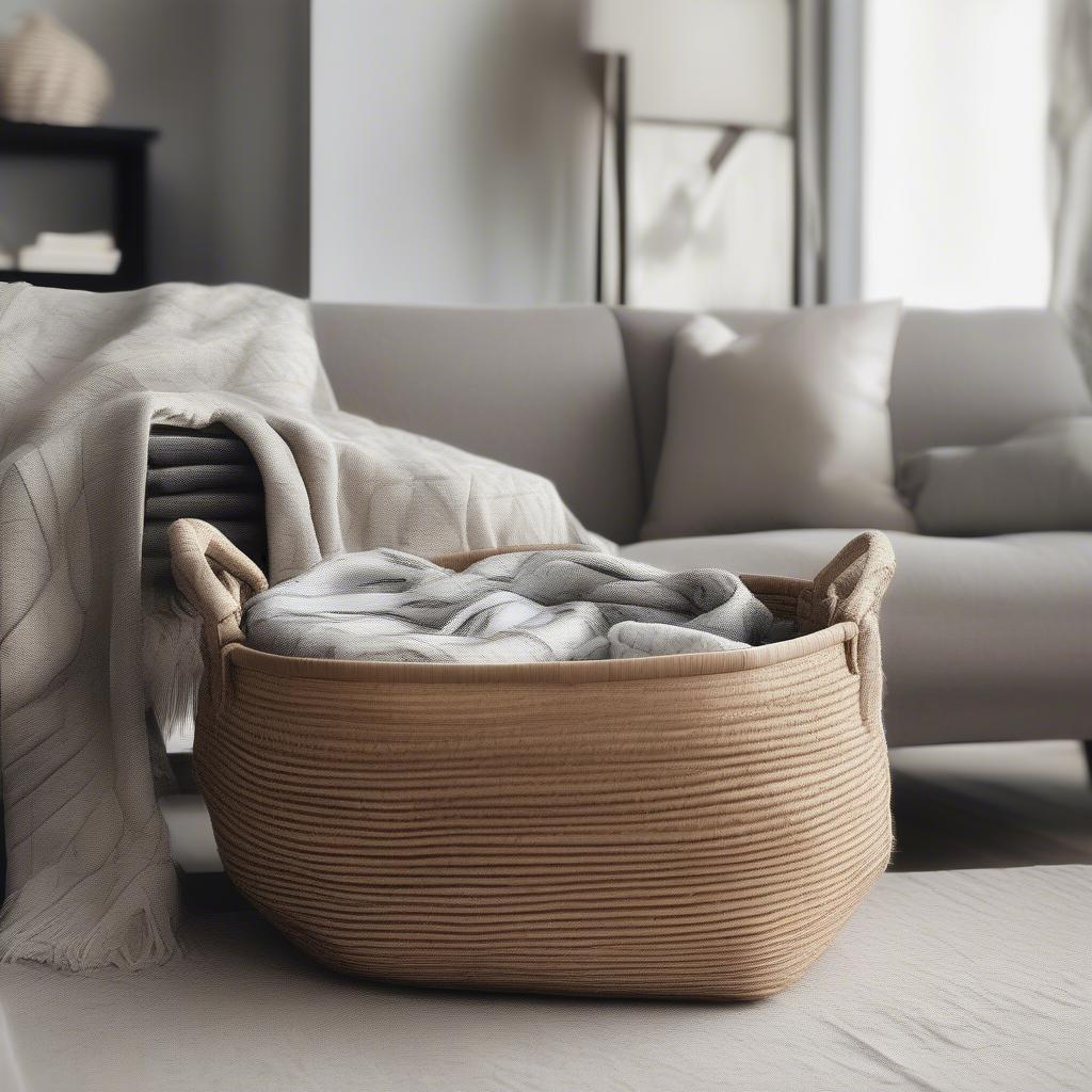 13-Inch Y Weave Basket Used for Blanket Storage in a Living Room