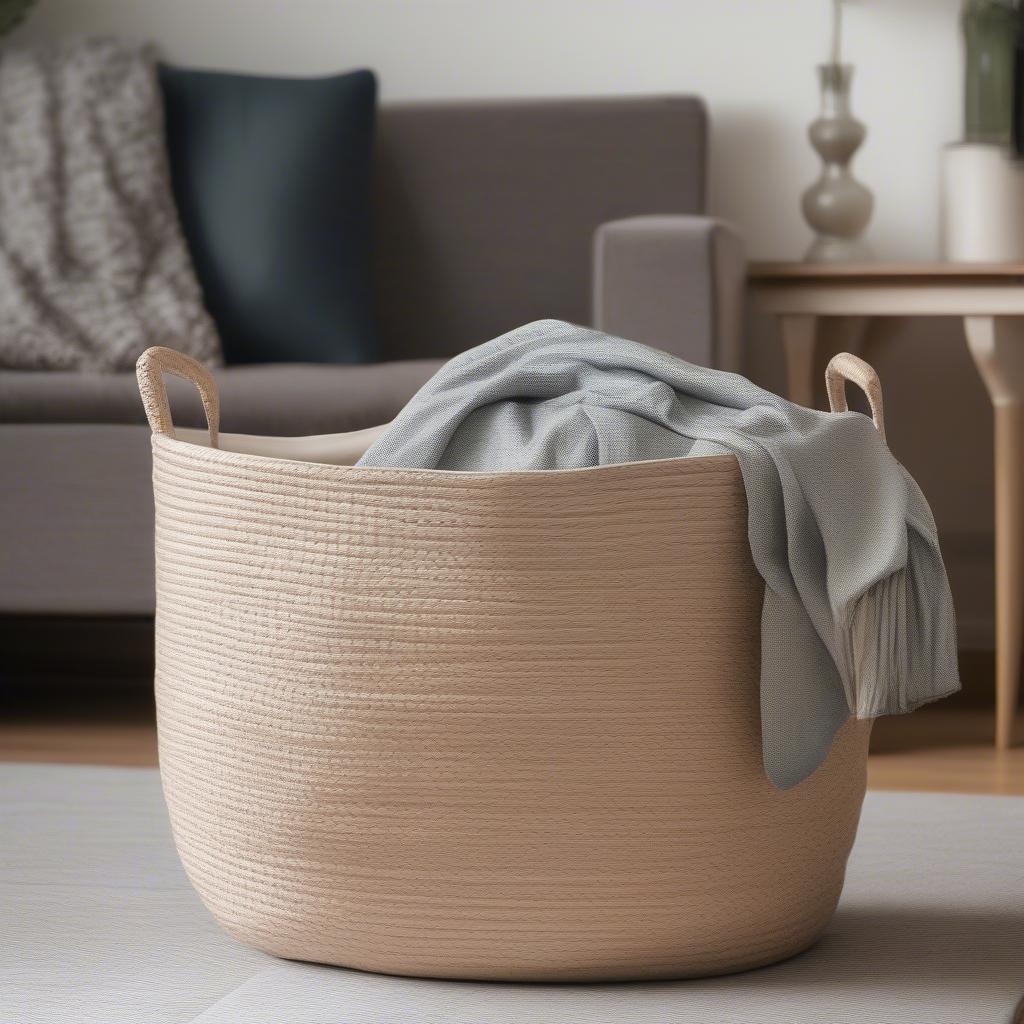 Brightroom Y-Weave basket used for storing blankets in a living room