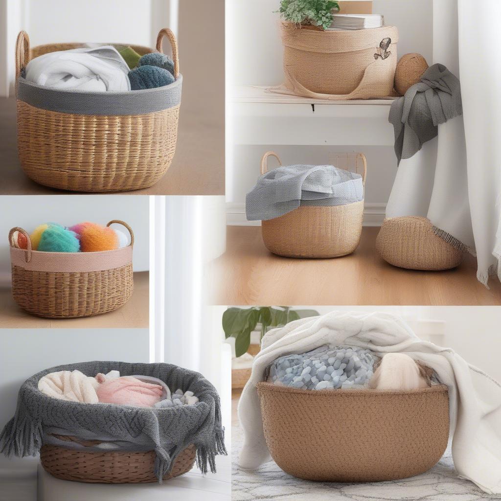 Examples of how to use y-weave baskets in different rooms, such as living room, bedroom, and bathroom.