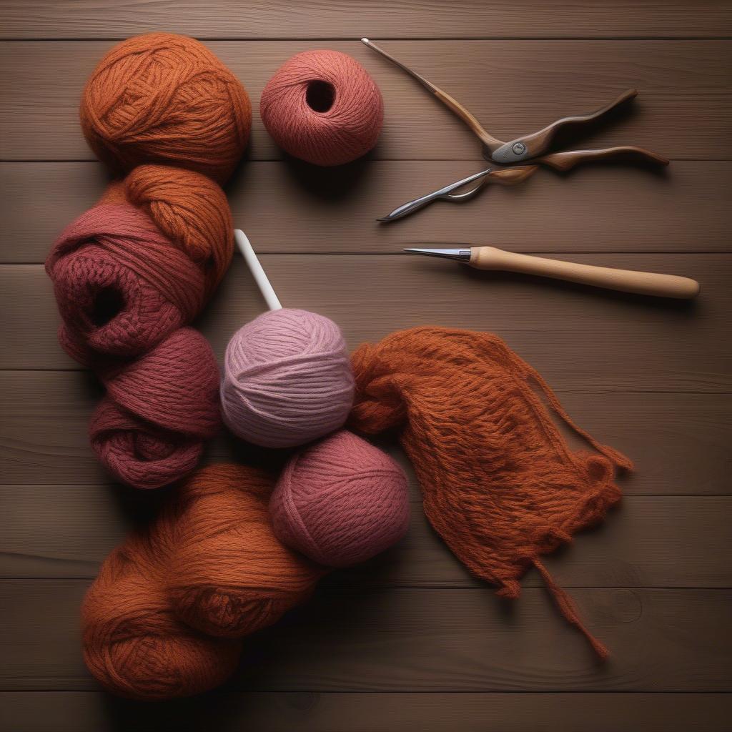 Yarn and crochet hook arranged on a table, ready for crocheting a basket weave beanie.