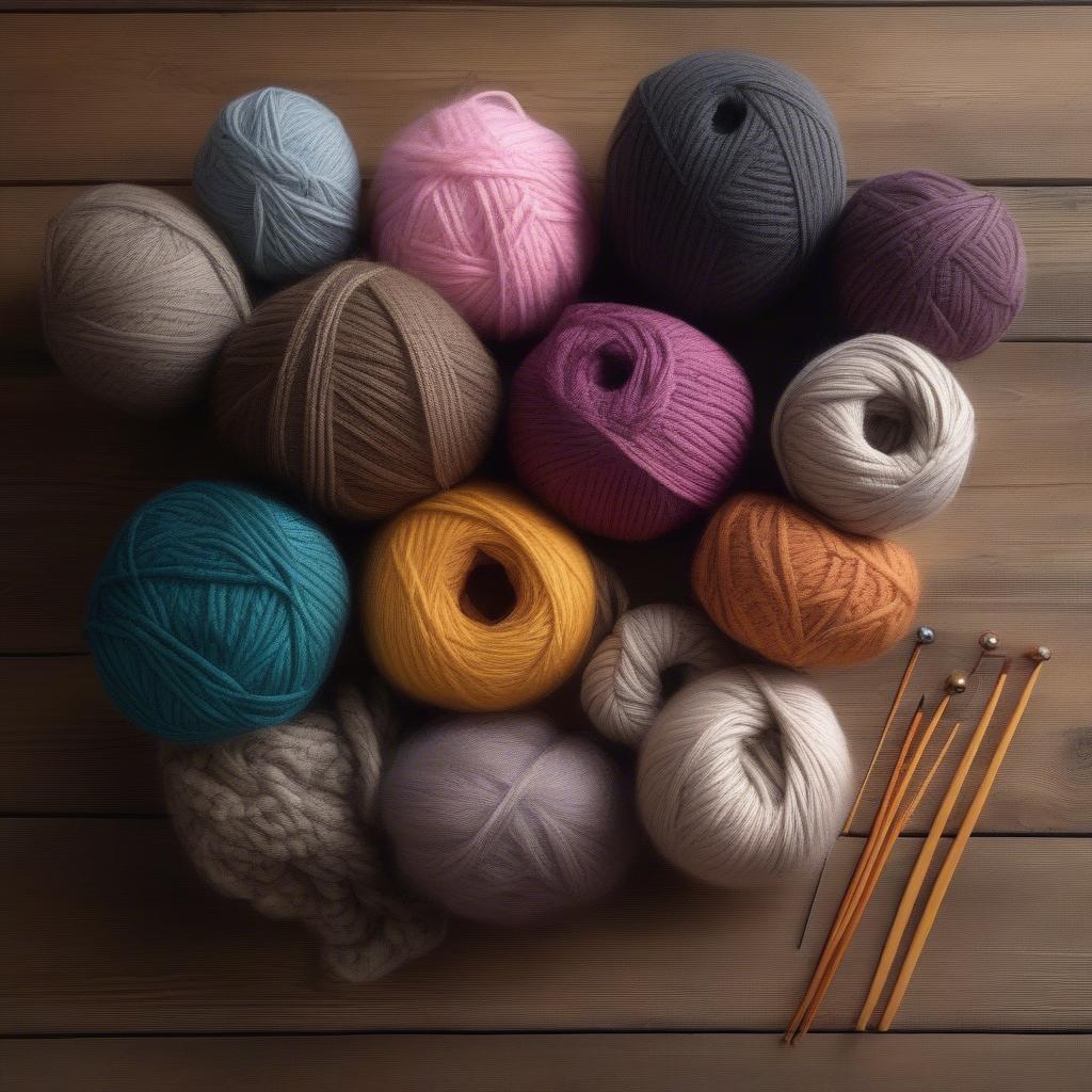 Yarn and knitting needles arranged on a table, ready for creating a basket weave knit pillow.