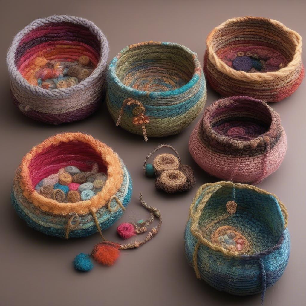 Examples of finished yarn coil baskets, showcasing different colors, yarns, and embellishments.