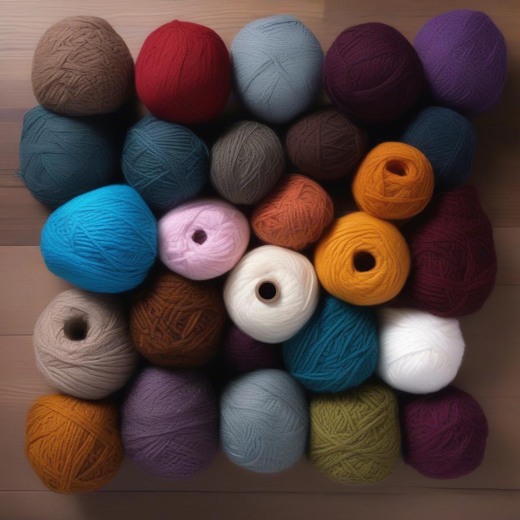 Various yarn skeins suitable for a basket weave scarf, showcasing different textures and colors.