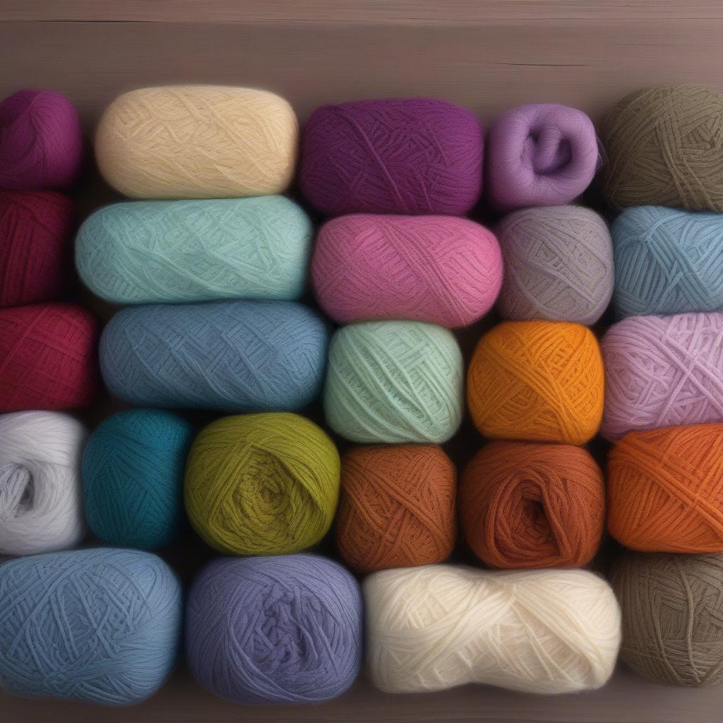 Various yarn options suitable for a basket weave shawl, showcasing different textures and colors.