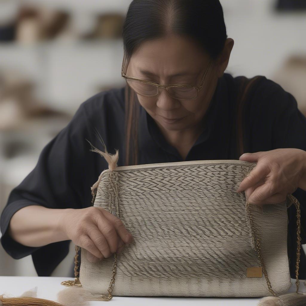 Skilled Artisan Weaving a YSL Bag